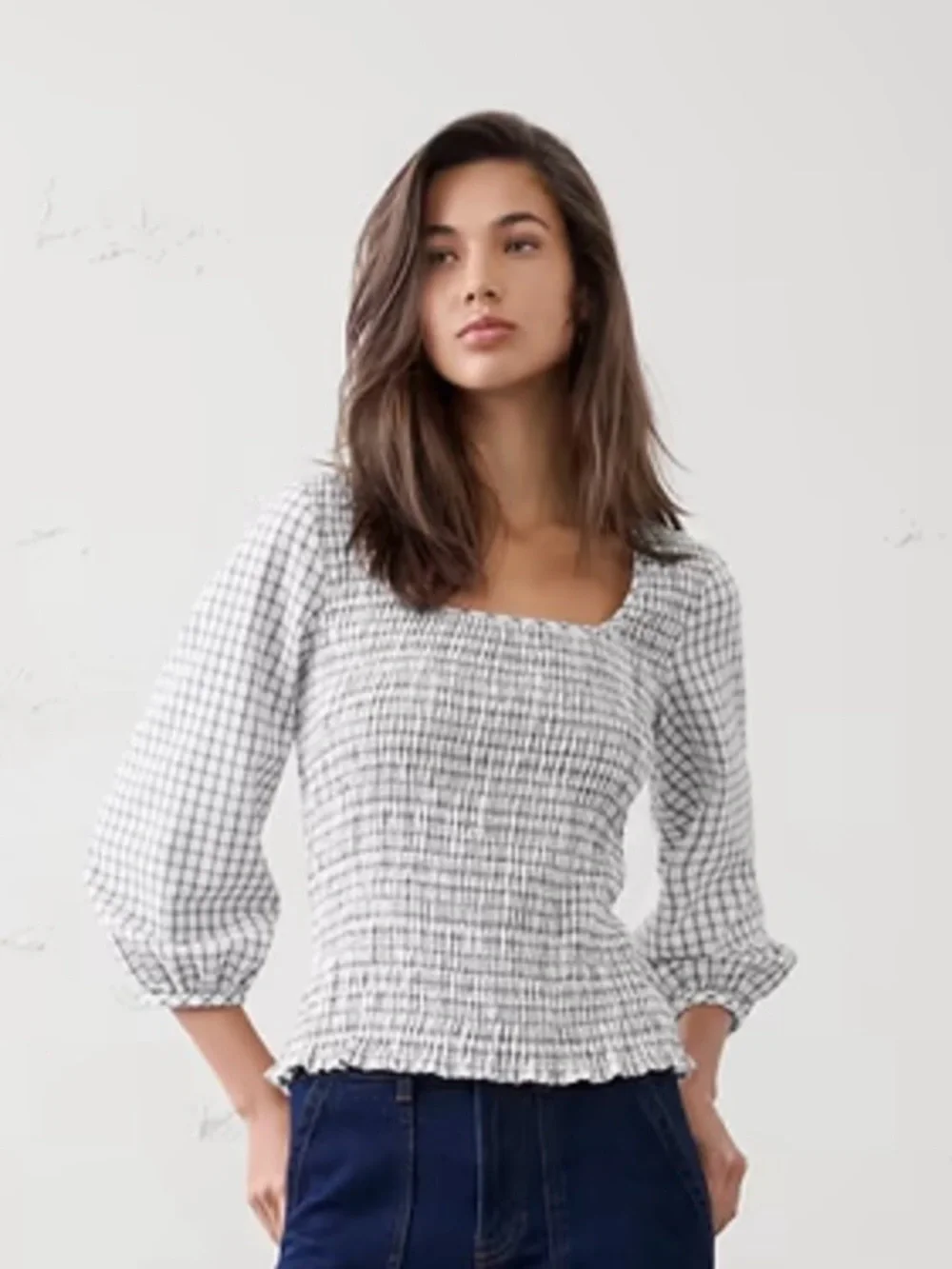 Banana Republic Black and White Gingham Smocked Square-Neck Blouse